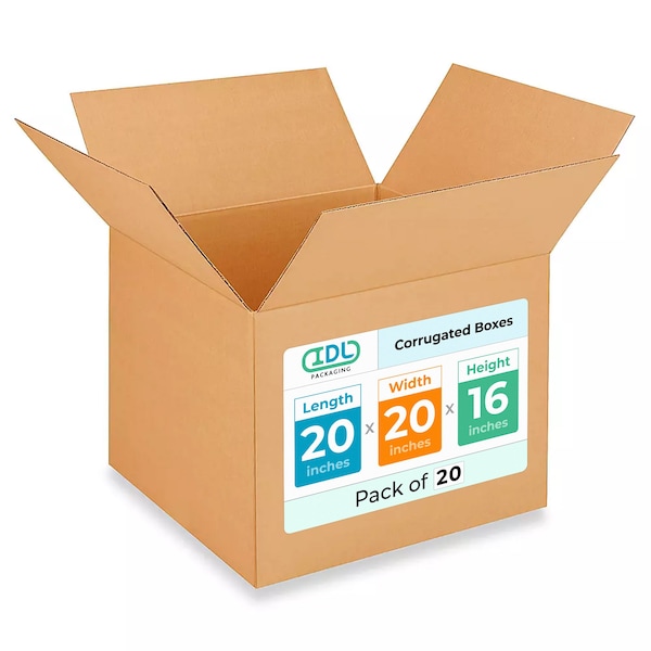 Idl Packaging 20 in x 20 in x 16 in Shipping Box, Kraft, Corrugate, Single Wall, 200#, 20 PK B-202016-20 - main
